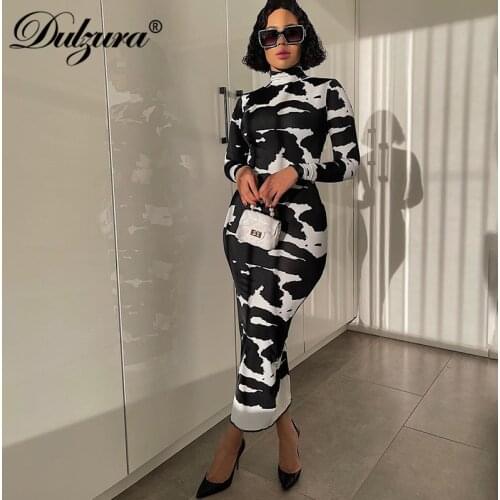 Dulzura Dairy Cow Print Tie Dye Women Long Sleeve High Neck Midi Dress Bodycon Sexy Streetwear Party 2021 Autumn Winter Festival