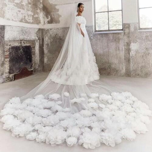 White 4M Long Wedding Veil with Handmade Flowers Vestido De Noiva Longo Custom Made Bridal Veil