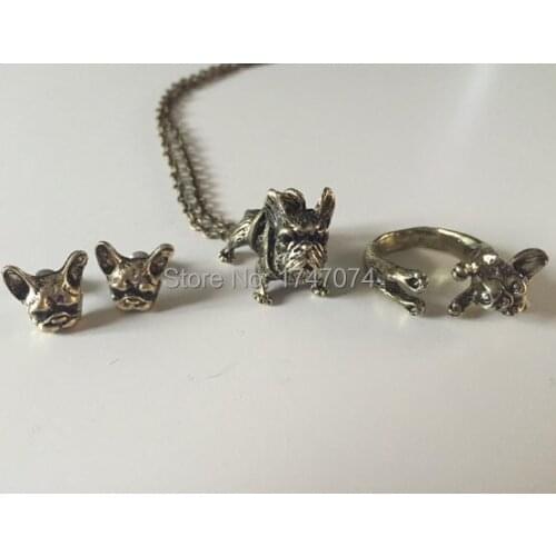 French Bulldog set Jewelry for women Antique Silver/antique bronze/gun black plated 3 colours 4pcs/lot Free shipping