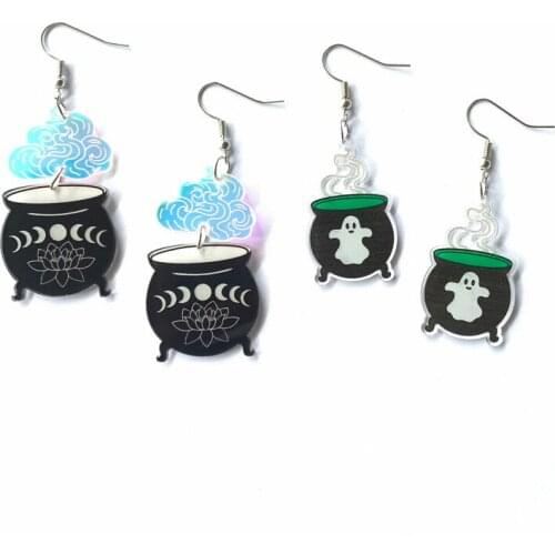 Halloween Gifts Lotus Ghost Witches Pot Pendants Acrylic Dangle Earrings Witches Brew Poison Black Cauldron Drop Fashion Jewelry