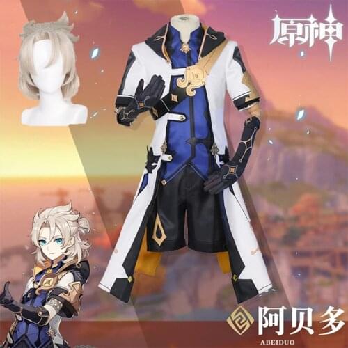 Game Genshin Impact Alchemist Albedo Cosplay wig Costume Men Fancy Uniforms Top Pants Coat Halloween Outfits Albedo Cosplay Wigs