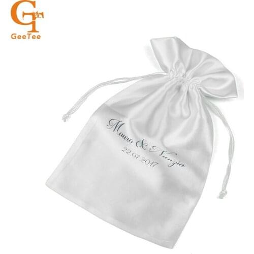 Custom brandlogo Virgin Hair extensions packaging satin bag,Customized shop name printed Human hair gift packing silk satin bags