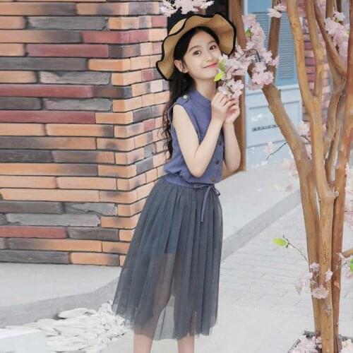 Girls Summer Suit 2021 New Korean Version Of Pure Color Sleeveless Two-Piece Dress Western Thin Princess Dress