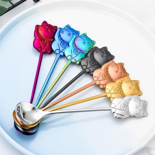 304 Stainless Steel Cute Luck Cat Coffee Stirring Spoon Cartoon Dessert Spoon for Tableware Kitchen Supplies Ice Cream Spoon