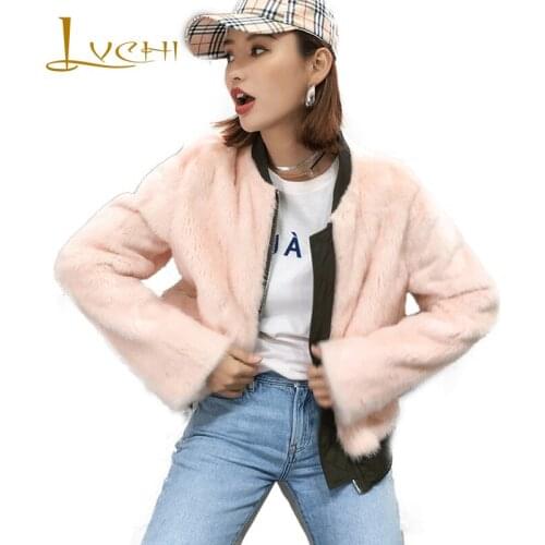 LVCHI 2019 Winter Mink Fur Coat Real Fur Coats Women Pink Two Side Wear Jacket Full Pelt O-Neck Full Sleeve Short Mink Fur Coats