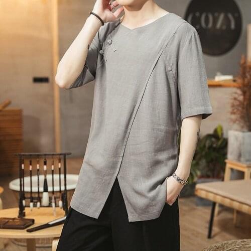 2021 Summer Men Linen Shirt Chinese Style Retro Casual V-Neck Tops Plus Size Traditional Asian Tang Suit Tops For Man 30728