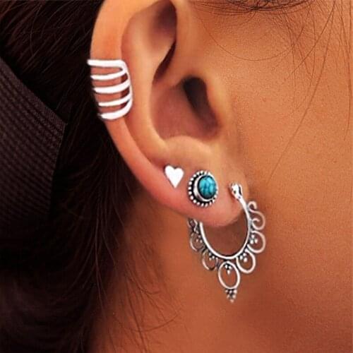 Bohemian Stone Heart Geometric Stud Earrings Set Ethnic Vintage Filigree Cartilage Earrings for Women Small Cuff Clip Jewelry