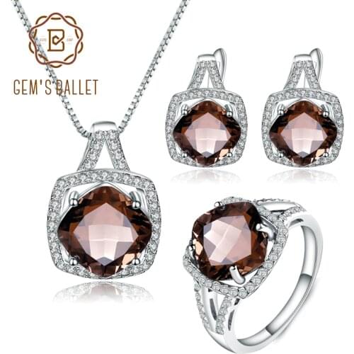 GEMS BALLET 925 Sterling Silver Earrings Ring Pendant Set Jewelry Natural Geometric Smoky Quartz Jewelry Set For Women Wedding