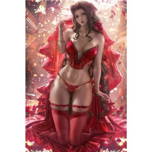 Japanese Anime Game Girl Aeris Wall Posters Custom Sexy Red Dress Bride Canvas Paintings Art Print Hanging Pictures for Bedroom