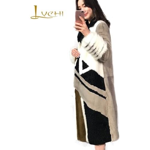 LVCHI 2019 Winter Imported velvet Mink Coat Real Fur Coats Women Turn-Down Collar Patchwork Warm Slim Loss X-Long Mink Fur Coats