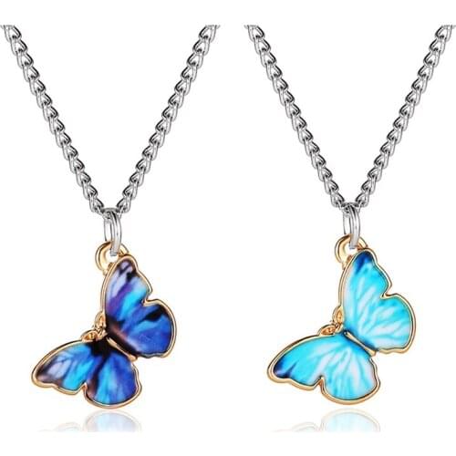 New Purple Blue Butterfly Pendant Necklace For Women Vintage Titanium Steel Wedding Necklace Choker Jewelry Accessories