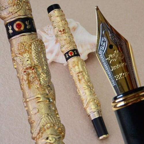 FOUNTAIN PEN JINHAO GOLDEN 0.7mm BROAD NIB TWO DRAGON PLAY PEARL WITHOUT ORIGINAL BOX BEST GIFT OFFICE STATIONERY