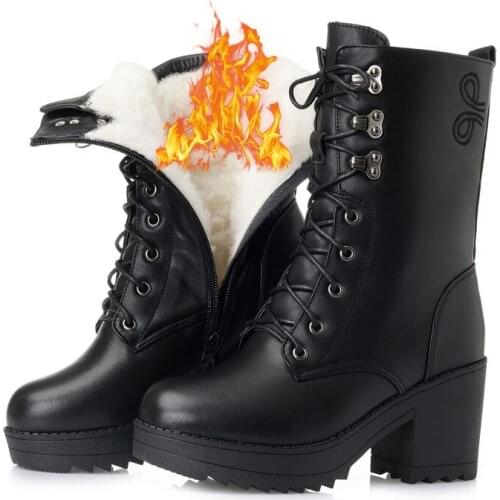 2019 Plus Size Warm Inside Plush / Wool Winter Boots Snow Boots Genuine Leather Shoes Knight Boots High-heel Shoes Woman Boots