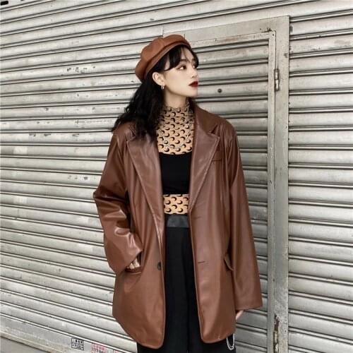 Mid-length Loose Coffee Color Faux Pu Leather Blazers Lapel Long Sleeve Streetwear Biker Jacket Spring Autumn 2021 Casual Female