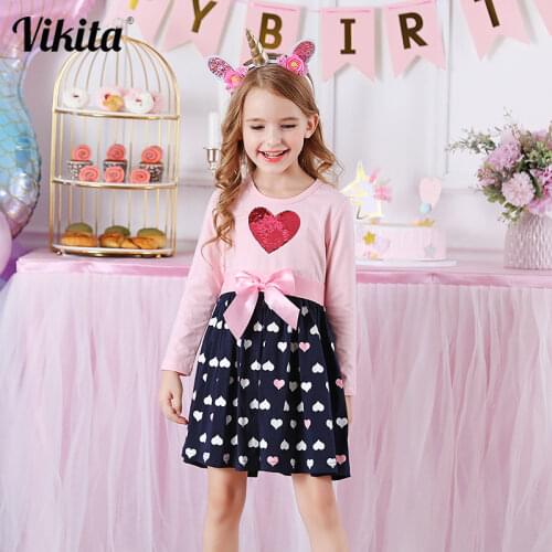 VIKITA Long Sleeve Cotton Dress Girls Princess Dresses Baby Girl Clothes Bow-knot Party Sequins Dresses Girl Casual Clothes