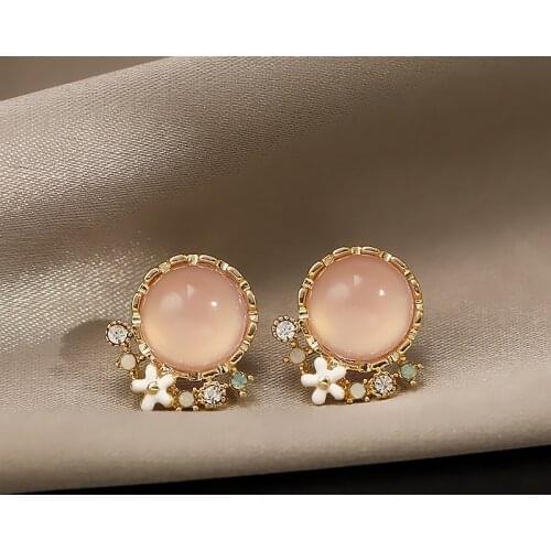 2021 New Arrival Classic Round Pink Crystal Stud Earrings Sweet Flower Cirlce Jewelry Fashion Brincos Gift For Women