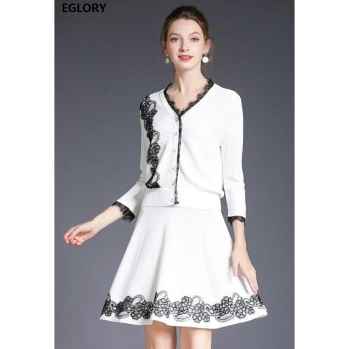 2020 Autumn Winter Fashion Sweater Sets Women V-Neck Lace Patchwork Knitted Cardigan Coat+A-Line Knitted Skirt Set Two Piece