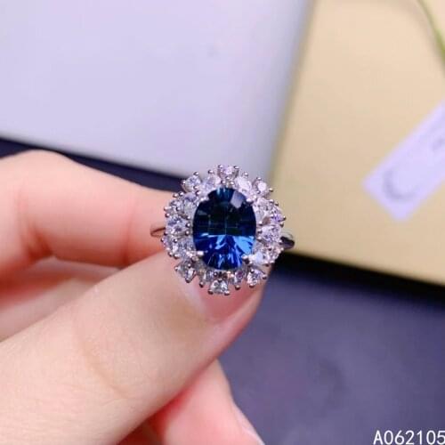 925 pure silver Chinese style natural London blue topaz womens classic exquisite flower adjustable gem ring fine jewelry suppor