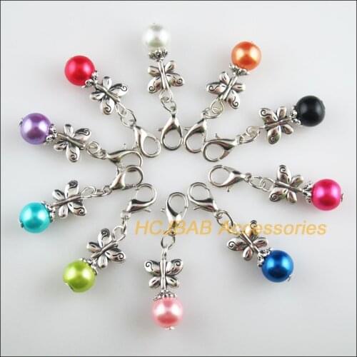 10 New Butterfly 11x22mm Charms Mixed Ball Glass Tibetan Silver Tone Retro With Lobster Claw Clasps