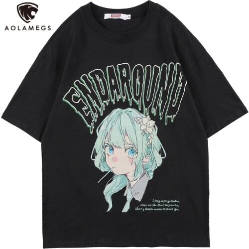 Aolamegs T-shirt Men Green Hair Girl Cartoon Anime Printed O-Neck Streetwear Japanese Harajuku Fashion Tops Men Clothing Summer