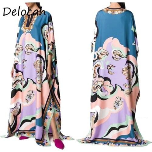 Delocah Women Summer Fashion Runway Long Dress Batwing Sleeve Loose Vintage Printed Ladies Loose Maxi Robe Holiday Dresses 2021