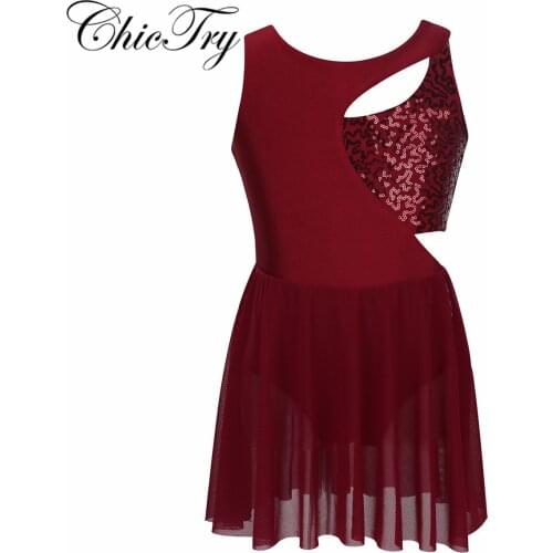 Sequins Kids Girls Sleeveless Asymmetrical Shiny Fashion Keyholes Figure Ice Skating Roller Skating Ballet Dance Leotard Dress