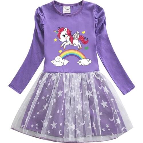 2021 Girl Long Sleeved Unicorn Dress Cartoon Dress Printed Cotton Round Neck Dress For Girls Kids Summer Dress