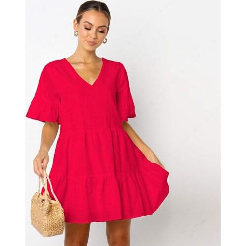 Summer Dress Women Casual Ruffles Black Dresses Femme Robes Short Tunic V-Neck Volant Swing Mini Dress For Women Loose Vestidos