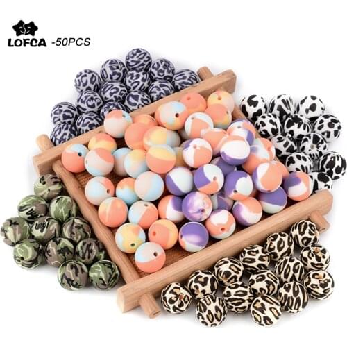 LOFCA 50pcs Tie-dye Leopard Terrazzo Dalmatian Camo Silicone Loose Beads Teething Beads Chewable Colorful Teething For Infant