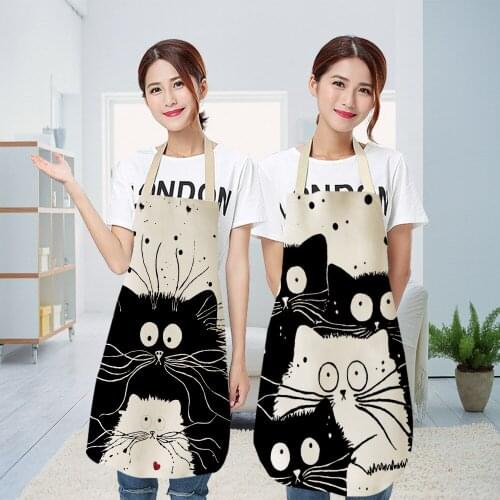 Cartoon Funny Black White Cat Printed Kitchen Aprons for Women Cotton Linen Home Cooking Baking Waist Bib Pinafore Cleaning Tool