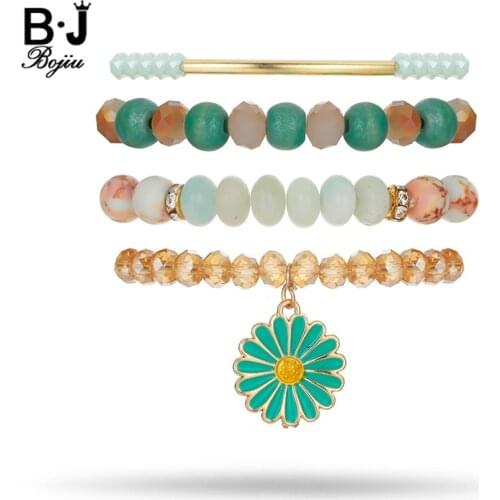 BOJIU New Round Crystal Beads Bracelet Sets For Women Creative Plant Accessories Bracelet Femme Charm Strand Bracelets BCSET62