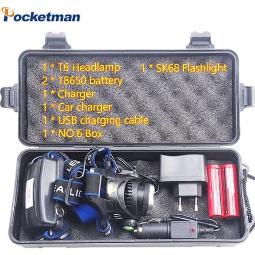18650 Headlight Led Headlamp XM-L T6 Zoom Rechargeable Waterproof adjustable 3800LM Head Lamp Light +2x 18650 Battery + Charger