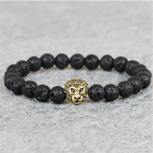 2017 New Products 8mm Lava stone beads with Antique Gold-color Lion Elastic Bracelets for Men and Womens Gift