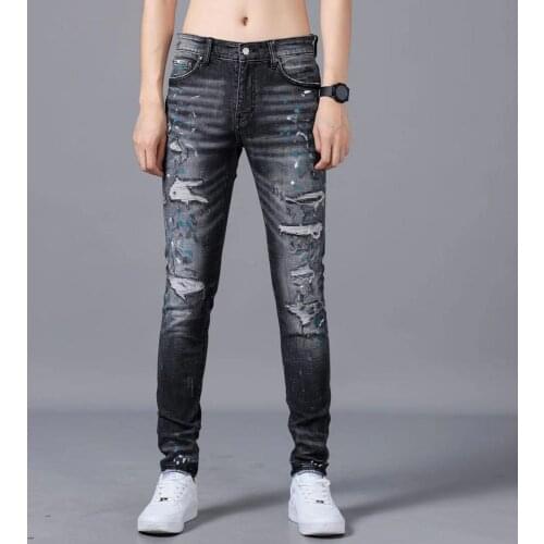 2021 New jeans pants Men slim jeans patchwork letter jeans pants black hole jeans for men Simple and comfortable