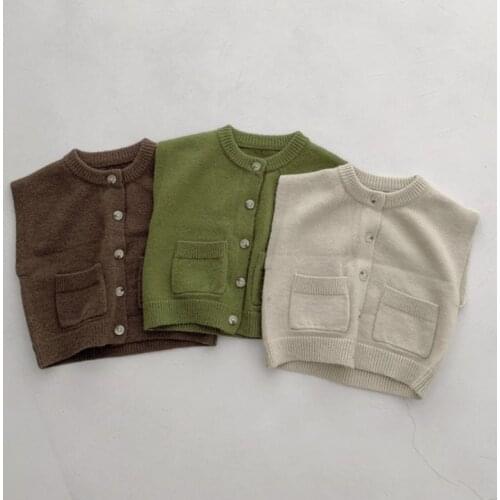 2021 New Autumn Korean Style Unisex Kids Knitted Vests Pure Color Sleeveless Sweater Cardigan Toddlers Children Waistcoats