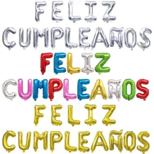New Spanish Happy Birthday Balloons 16 inch Gold Silver Ballon Letter Foil Balloon Home Birthday Party Decoration Air Ball Set