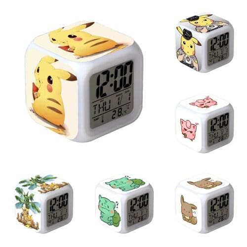 Pokemon Pikachu Luminous LED Colorful Flash Alarm Clock Desk Light With Temperature Action Toy for Kids children Birthday Gift
