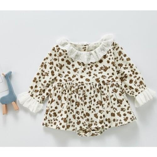 Baby Girls Autumn Clothes Floral Printed Ruffle Hem Collar Long Sleeve Tutu Romper Toddler Casual Jumpsuit Brown/ Apricot
