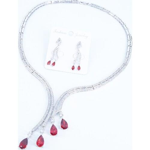 2020 new fashion red crystal water drop CZ zircon wedding bride banquet formal dress necklace earring jewelry set free shipping