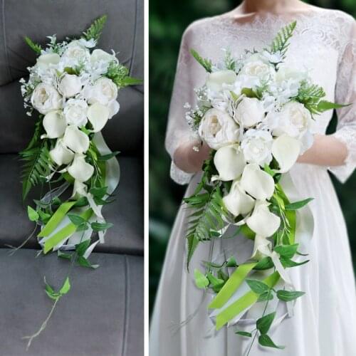 Popodion Bride Flowers Calla Lengthen Water Drop Wedding Bouquet Church Outdoor Artificial Bouquet Wedding Decoration ROM80262
