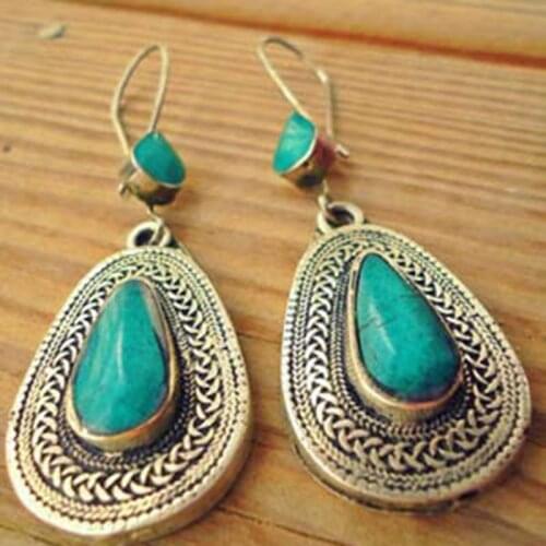 Bohemia Turquoises Water Drop Stone Earrings Tibetan Jewelry Antique Silver Color Engraving Metal Dangle Earrings