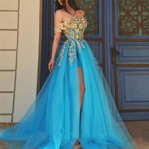 Blue Evening Dresses Gold Appliques Off the Shoulder High Slit Tulle Islamic Dubai Kaftan Saudi Arabic Long Evening Prom Gowns