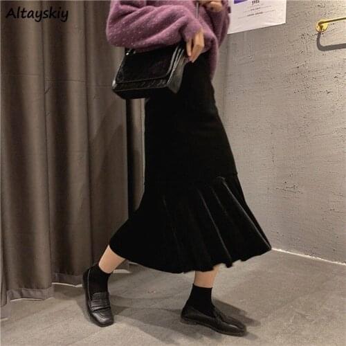 Skirts Women Velvet Mid-calf Ruffles Korean Style Elegant All-match Trendy Spring Autumn Popular Female Bottom Faldas Mujer Ins