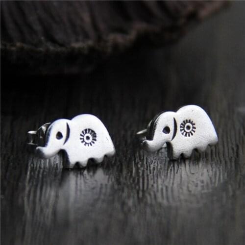 C&R Real S925 Stud Earrings for Women Cute Elephant Molding Thai Silver Earrings Handmade Vintage Fine Jewelry