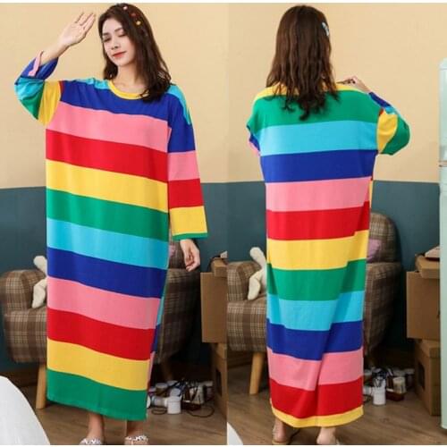 Women Cute Striped Sleepwear Cotton O Neck Long Sleeve Nightdress Lingerie Cartoon Print Homewear Dropshipping