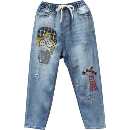 Femme Ripped Cartoon Patchwork Embroidery Jeans Women High Waist Loose Denim Haren Pants Female Vintage Trousers Jean