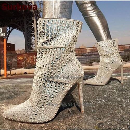 Surkova Ladies Bling Bling Gem Embellished Ankle Boots Bling Bling Crystal Beaded Wedding Shoes Thin High Heel Jewelry Shoes