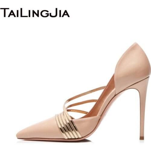 Women Autumn Pumps Evening Party High Heels Ladies Pointed Toe Nude Leather Black Suede Gold Patent Leather Strappy 2019 New