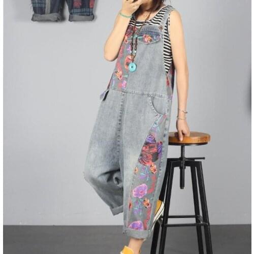 Women Vintage Printed Denim Jumpsuits Distressed Overalls Ladies Loose Casual Jeans Rompers Casual Trousers