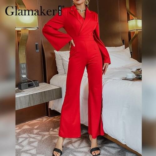 Glamaker Red v neck Long sleeve split elegant jumpsuits Autumn winter flare pants office ladies long playsuit overalls 2021 new